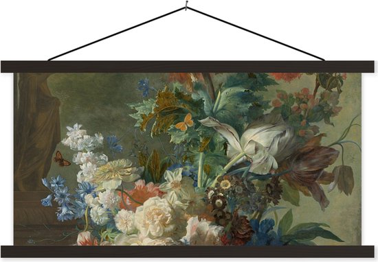 Posterhanger incl. Poster - Schoolplaat - Stilleven met bloemen - Schilderij van Jan van Huysum - 90x45 cm - Zwarte latten