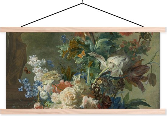 Posterhanger incl. Poster - Schoolplaat - Stilleven met bloemen - Schilderij van Jan van Huysum - 150x75 cm - Blanke latten