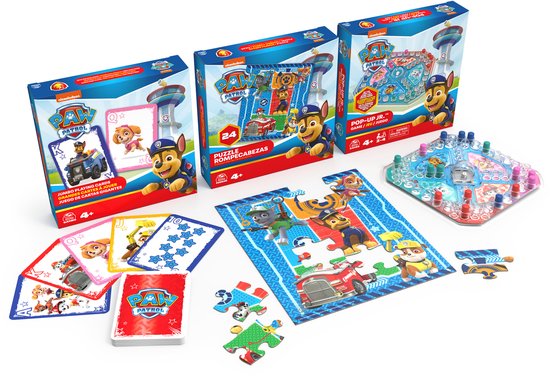 Drie Paw Patrol speldozen: speelkaarten, 24-delige puzzel en een pop-up spel. Met Chase, Marshall, Skye en andere pups.