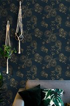 Zelfklevend behang, blauwe textuur met gouden bloemenpatroon, plakfolie, meubels, donkerblauw, 44 x 300 cm, waterdichte meubelfolie, zelfklevende folie voor meubels, woonkamer, slaapkamer