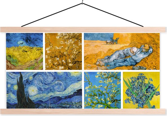 Foto: Posterhanger incl poster schoolplaat van gogh collage sterrennacht 150x75 cm blanke latten