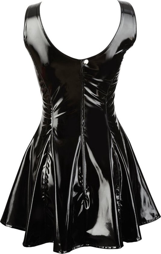 Sexy wetlook/leatherlook holle jurk met rits en string - zwart
