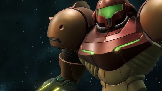 Samus in bruin en rood pantser met groene accenten, tegen een achtergrond van sterren.