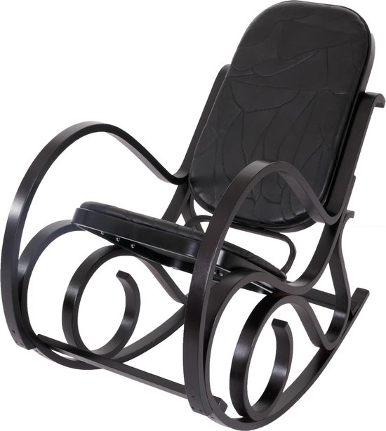 Schommelstoel M41, draaifauteuil TV-fauteuil, massief hout ~ walnoot look, zwart patchwork leer