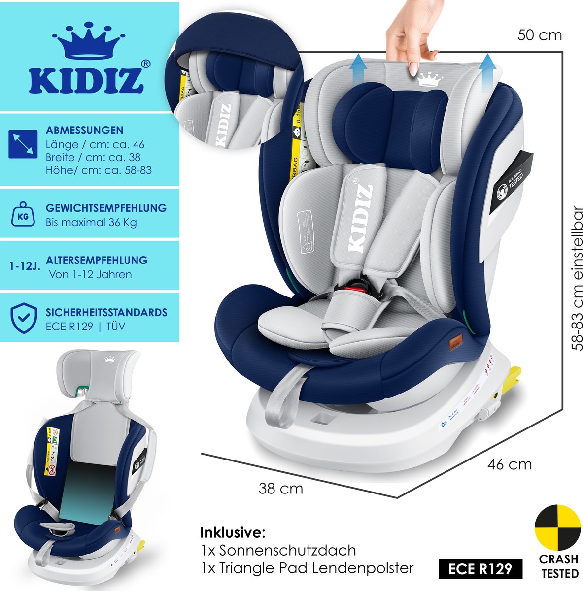 FableKids NORA autostoel grijs | 360° draaibaar i-Size autostoel 40-150 cm | instapmodel met ISOFIX & steunpoot | in hoogte verstelbare hoofdsteun & rugleuning | ECE R129/04 gecertificeerd