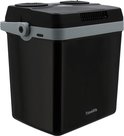 Zwarte Travellife koelbox met grijze band, handgreep en 'Travellife' logo.