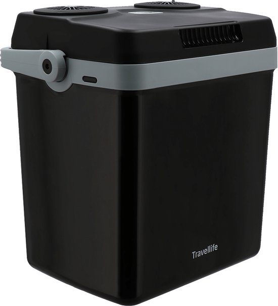 Zwarte Travellife koelbox met grijze band, handgreep en 'Travellife' logo.