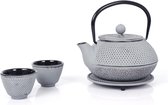 Théière en fonte 0 l avec passoire amovible, théière avec dessous de verre et 2 tasses à thé, design vintage pour préparer du thé en vrac, gris