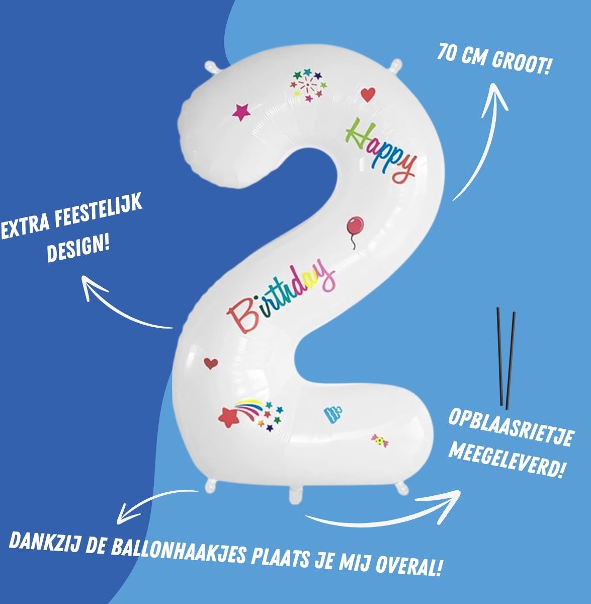 Folieballon Cijfer 2 Jaar Verjaardag Versiering Cijferballon Happy Birthday Decoratie Helium Ballonnen Folie Wit - Xl — afbeelding 2