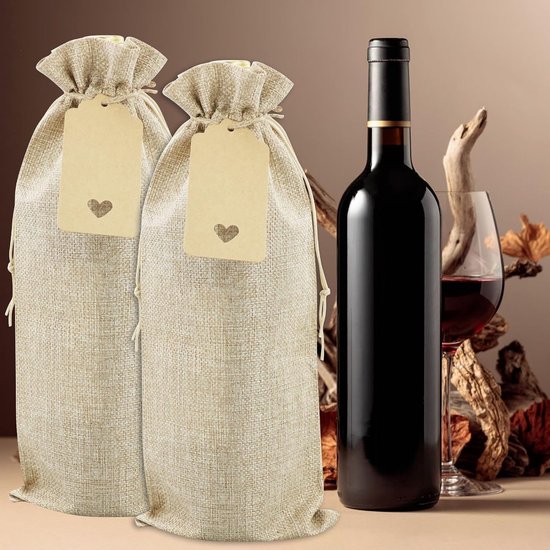 G2PLUS 12 stuks bruine jute fles wijnzakken, 16 x 36 cm Hessische jute wijnfles geschenkzakken met trekkoord