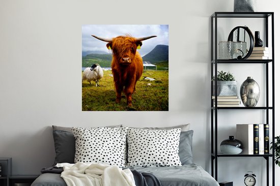 Muurstickers - Sticker Folie - Schotse hooglander - Licht - Schapen - 100x100 cm - Plakfolie - Muurstickers Kinderkamer - Zelfklevend Behang XXL - Zelfklevend behangpapier - Stickerfolie