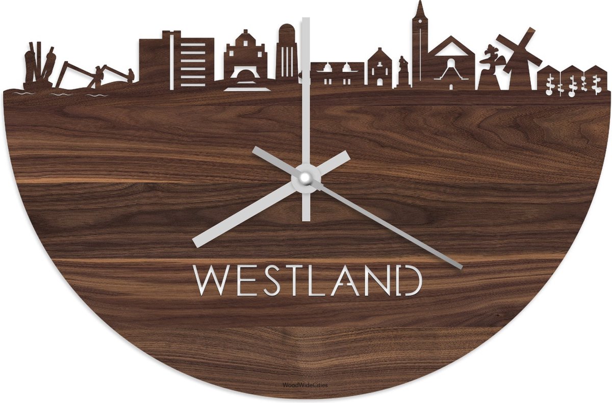 Skyline Klok Westland Notenhout - Ø 40 cm - Stil uurwerk - Wanddecoratie - Meer steden beschikbaar - Woonkamer idee - Woondecoratie - City Art - Steden kunst - Cadeau voor hem - Cadeau voor haar - Jubileum - Trouwerij - Housewarming - WoodWideCities