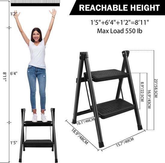 Froadp Trapladder, 2 treden, inklapbaar, antislip, ijzeren