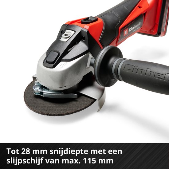 Haakse slijper met rode en zwarte behuizing, maximale snijdiepte 28 mm.