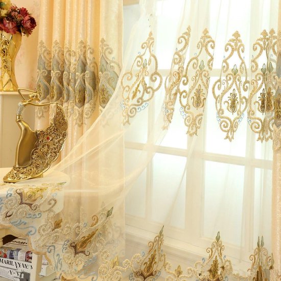 Set van 2 Europese gouden luxe jacquard-gordijnen voor slaapkamer en woonkamer (tule gordijn, 260 x 140 cm)