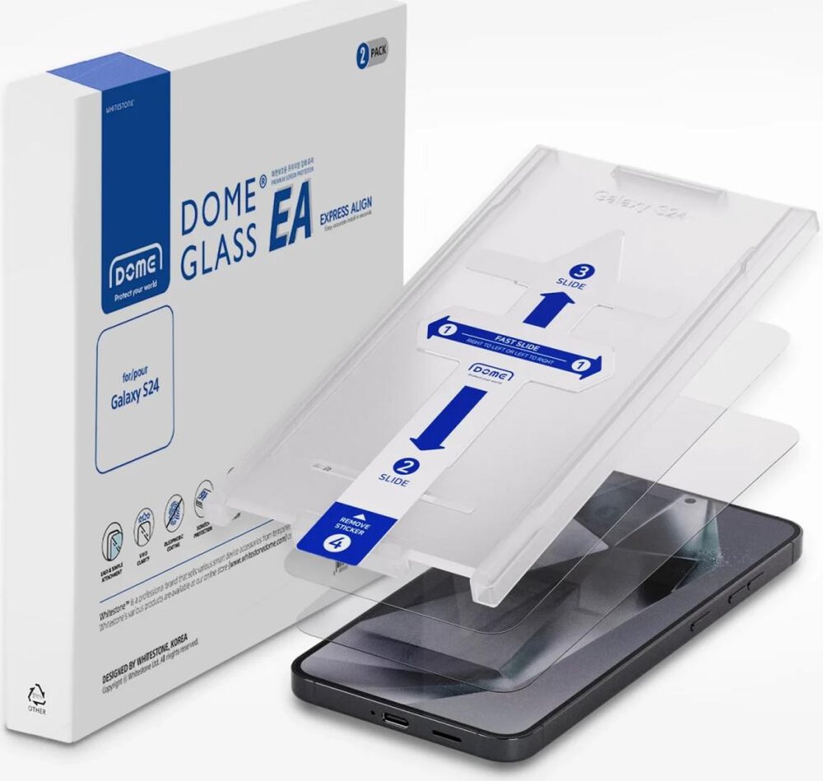 Whitestone Dome EA Glass Geschikt voor Samsung Galaxy S24 | Screen Protector met Installatie Jig | 9H Tempered Glass | Case Friendly | Eenvoudige Montage | Two Pack