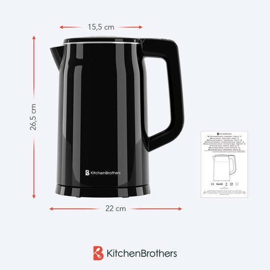 KitchenBrothers Elektrische Waterkoker met Temperatuurregeling - 1,7L - Cool-Touch - Dubbelwandige Theekoker - Zwart - KitchenBrothers