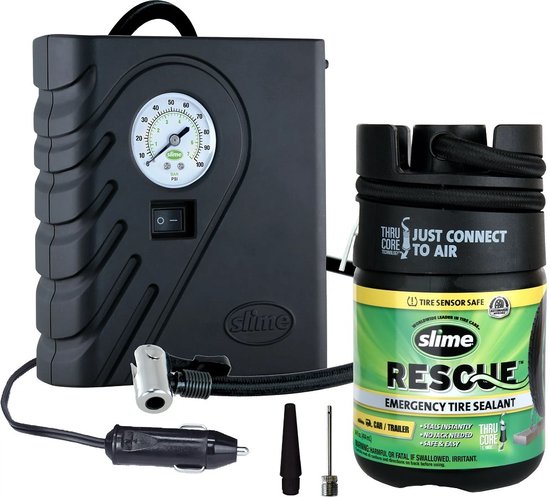 Slime Rescue noodbandendichtmiddel en 12V compressor met accessoires op witte achtergrond. Groene en zwarte accenten.