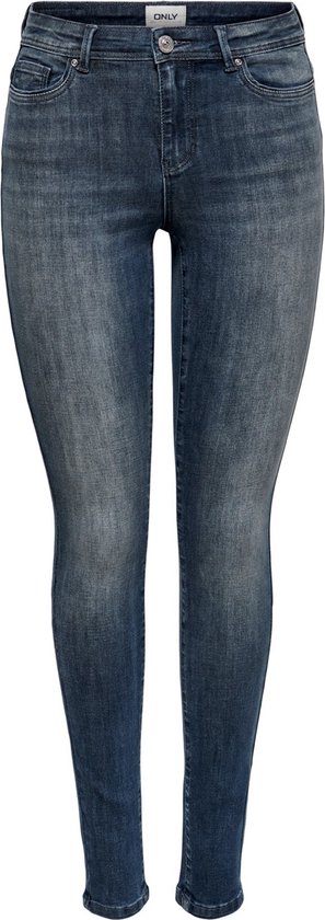 Een donkerblauwe skinny jeans met middelhoge taille, met lichte wassing.