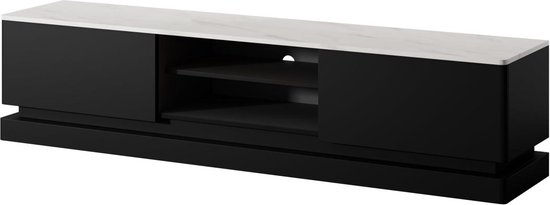 PASCAL MORABITO Tv-meubel met 2 lades en 2 nissen met ledverlichting van mdf - Zwart met wit marmereffect - DEVIKA - van Pascal Morabito L 190 cm x H 44 cm x D 40 cm