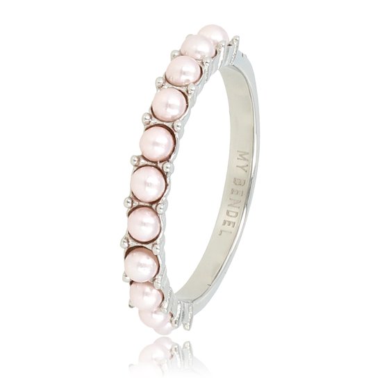 My Bendel - Ring zilverkleurig met kleine roze parels - Zilverkleurige aanschuifring met kleine roze parels - Met luxe cadeauverpakking