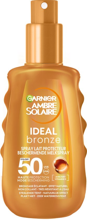 Gouden fles met pompdispenser, Garnier Ambre Solaire Ideal Bronze Spray Lait Protecteur, SPF 50.