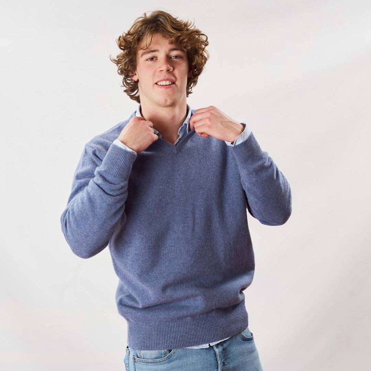 Osborne Knitwear Trui met V hals - Sweater heren in Lamswol - Pullover Heren - Blue Lovat - 2XL
