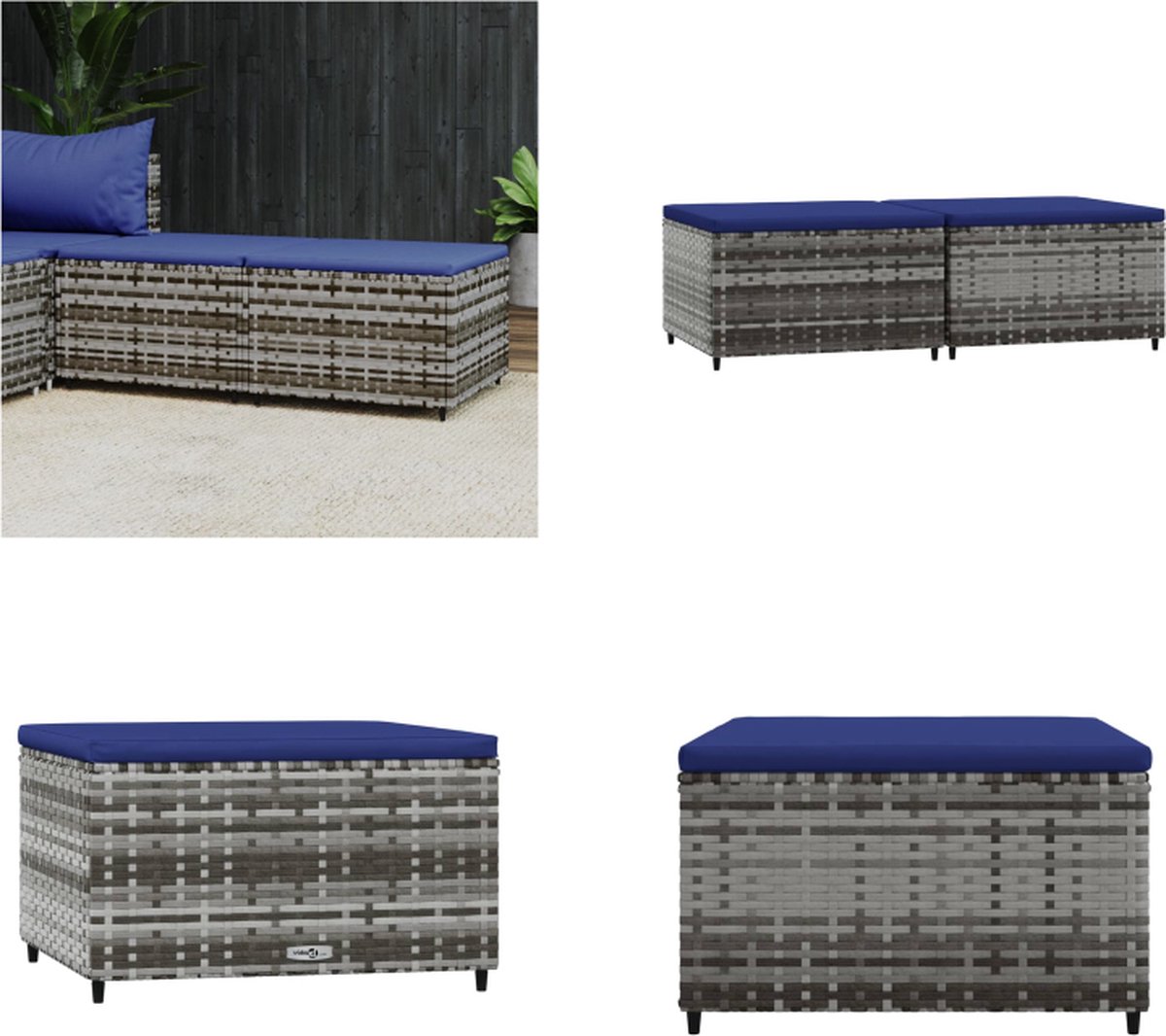 vidaXL Voetensteunen - 2 - st - met - kussens - poly - rattan - grijs Grijs en blauw