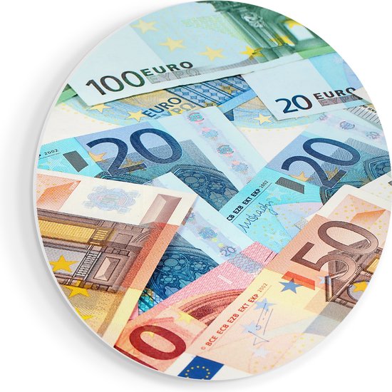 Artaza Forex Muurcirkel Euro Geld Biljetten - Briefjes - 90x90 cm - Groot - Wandcirkel - Rond Schilderij - Muurdecoratie Cirkel
