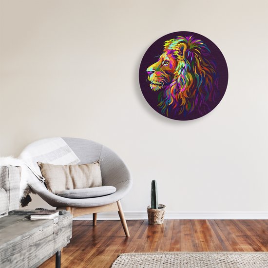 Artaza Forex Muurcirkel Gekleurde Leeuw - Leeuwenkop - Abstract - 70x70 cm - Wandcirkel - Rond Schilderij - Wanddecoratie Cirkel - Muurdecoratie