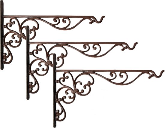 2x stuks muurhaken met sierkrullen bruin - gietijzer - 35 x 25 cm - hanging basket haak - Esschert Design