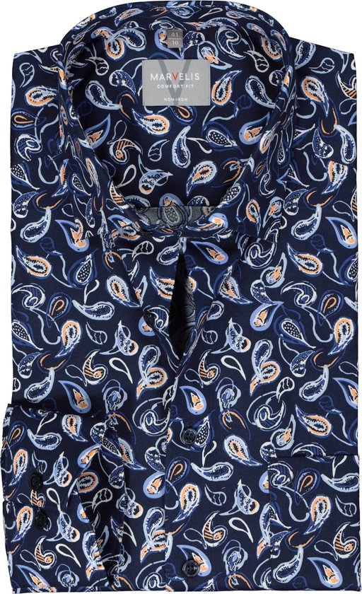 MARVELIS comfort fit overhemd - popeline - donkerblauw met wit - lichtblauw en oranje dessin - Strijkvrij - Boordmaat: 40