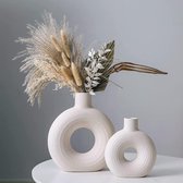 Witte keramische vaas voor huisdecoratie, set van 2 ronde pampa's bloemenvazen, minimalistische boho-stijl decoratieve vazen voor woonkamer, slaapkamer, eettafel, bruiloft, feest, kantoor