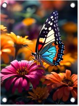 Tuinposter vlinder - Tuindecoratie - Vlinder op bloemen - 30x40 cm - Poster voor in de tuin - Buiten decoratie - Schutting tuinschilderij - Tuindoek muurdecoratie - Wanddecoratie balkondoek