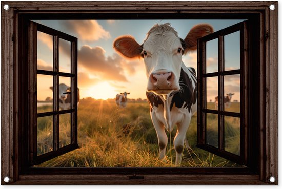 Tuinposter Koe - Doorkijk - Weiland - Dieren portret - Natuur - Koeien - Donkerbruin raam - 90x60 cm - Tuindoek - Buitenposter