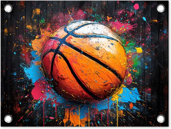Tuinposter 40x30 cm - Tuindecoratie - Graffiti - Basketbal - Verf - Sport - Street art - Poster voor in de tuin - Buiten decoratie - Schutting tuinschilderij - Muurdecoratie - Buitenschilderijen - Tuindoek - Buitenposter..