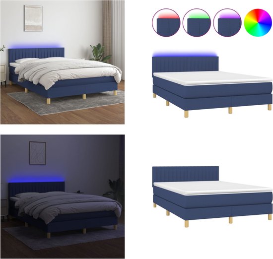 vidaXL Boxspring met matras en LED stof blauw 140x200 cm - Boxspring ...