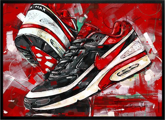 Sneaker print classic BW varsity red vullend 71x51 cm *ingelijst & gesigneerd