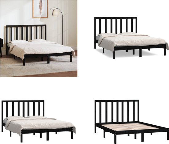 vidaXL Bedframe massief grenenhout zwart 140x190 cm, bed, ledikant, massief houten bedframe, bedbodem, bed frame, slaapmeubel, tweepersoonsbed, bedden