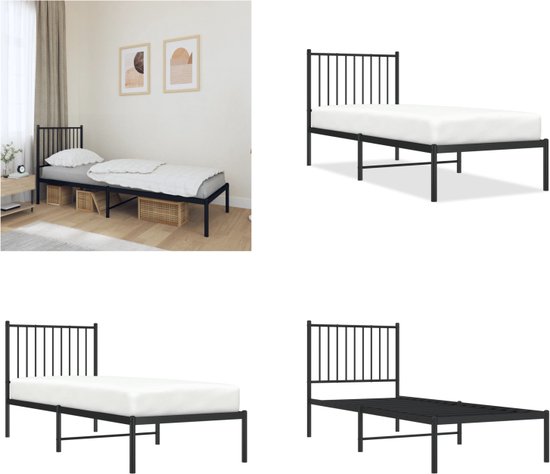 vidaXL Bedframe met hoofdbord metaal zwart 75x190 cm - Bedframe - Bedframes - Eenpersoonsbed - Bed