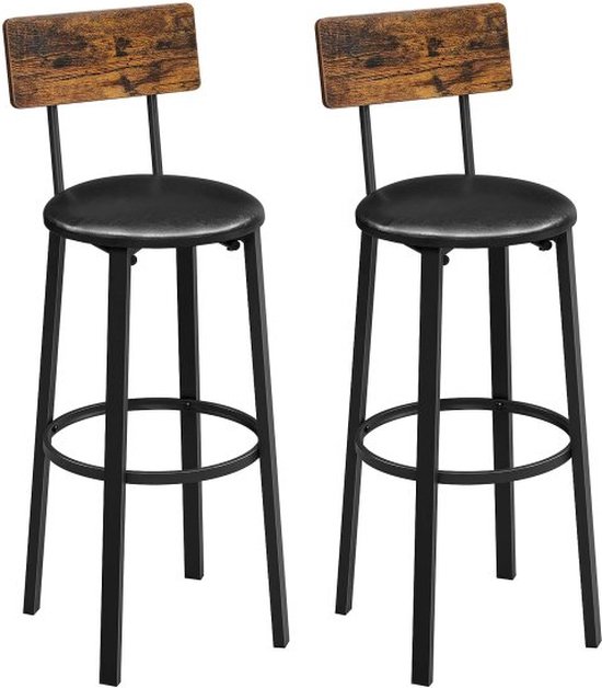 Barstoelen, set van 2, hoge krukken, gevoerde stoelen, voetensteun, eenvoudige montage, industriële stijl, voor keuken, eetkamer, rustiek bruin en zwart