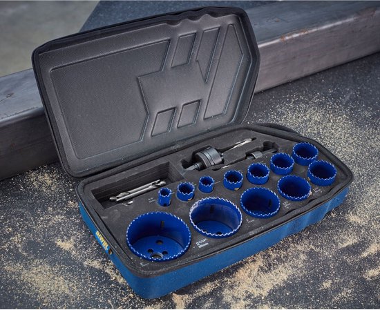 Kit scie cloche Irwin 1200G : 16, 19, 22, 25, 29, 32, 35, 38, 44, 51, 64 et 76 mm, broches 10504533 et 10504535 et 3 forets de guidage - 10506444