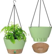 Bloemenhanger, set van 2, diameter 20 cm, hangende bloempotten om op te hangen, kunststof hangpot met onderzetter voor buiten en buiten, decoratie voor tuin, balkon, woonkamer (groen)