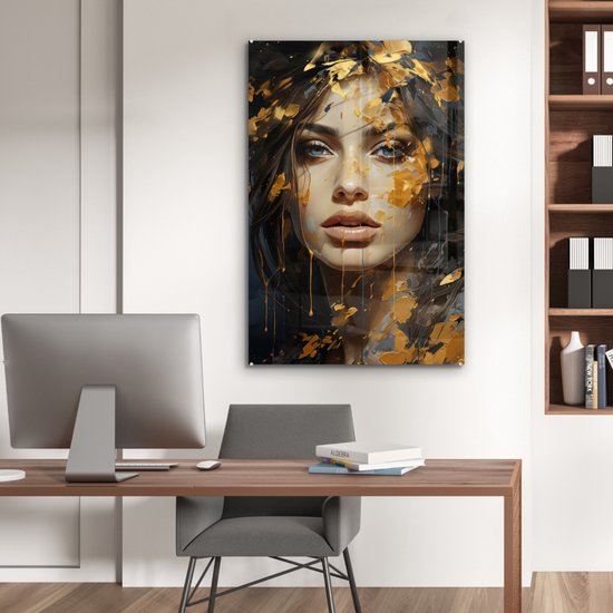 MuchoWow® Peinture sur verre 80x120 cm - Peinture sur verre - Femme - Portrait - Abstrait - Art - Or - Photo sur verre acrylique - Décoration murale murale salon - Décoration murale chambre - Peintures