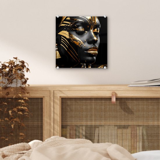 MuchoWow® Peinture sur verre 20x20 cm - Peinture sur verre acrylique - Femme - Or - Zwart - Portrait - Moderne - Abstrait - Photo sur verre - Décoration murale salon - Décoration murale chambre - Peintures