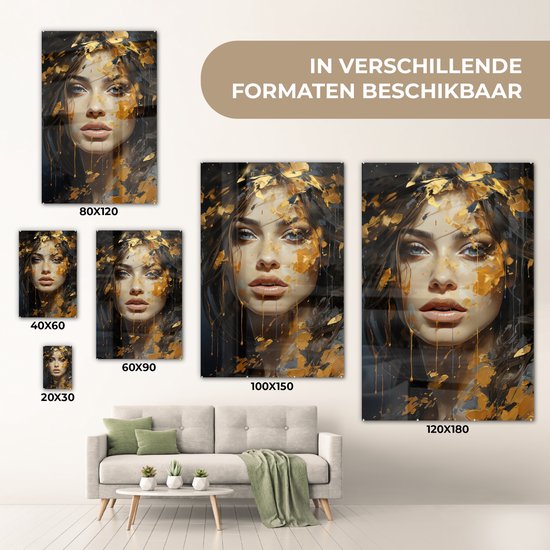 MuchoWow® Peinture sur verre 80x120 cm - Peinture sur verre - Femme - Portrait - Abstrait - Art - Or - Photo sur verre acrylique - Décoration murale murale salon - Décoration murale chambre - Peintures