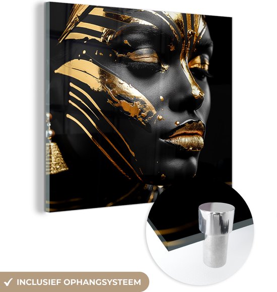 MuchoWow® Peinture sur verre 20x20 cm - Peinture sur verre acrylique - Femme - Or - Zwart - Portrait - Moderne - Abstrait - Photo sur verre - Décoration murale salon - Décoration murale chambre - Peintures