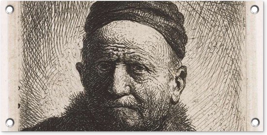 Tuinposter De man met kalotje - Rembrandt van Rijn - 60x30 cm - Tuindoek - Buitenposter