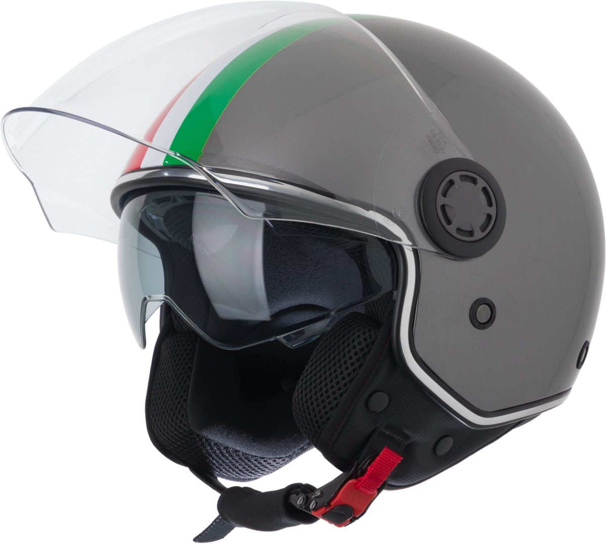 VINZ Varese Jethelm met dubbel vizier / Scooterhelm / Helm met Italiaanse vlag / Snorfiets Helm Snorscooter - Grijs