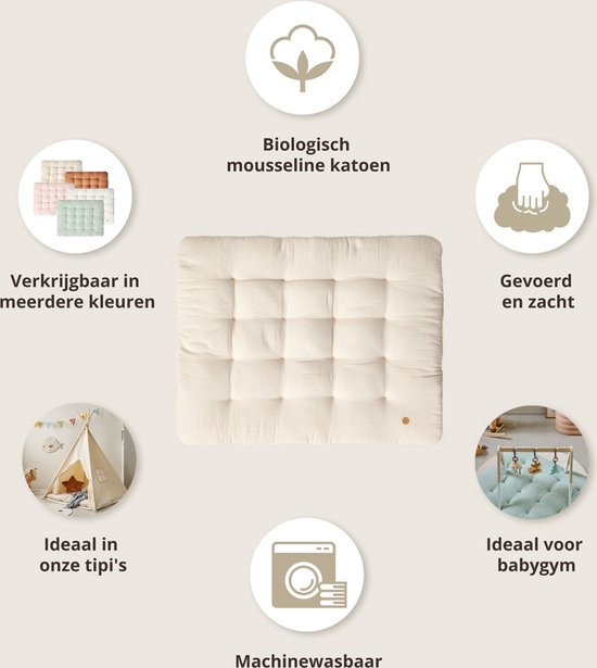 Gecapitonneerd speelkleed in crème kleur, omringd door iconen die de eigenschappen aangeven: biologisch mousseline katoen, gevoerd en zacht, verkrijgbaar in meerdere kleuren, ideaal voor tipi's, ideaal voor babygym, machinewasbaar.